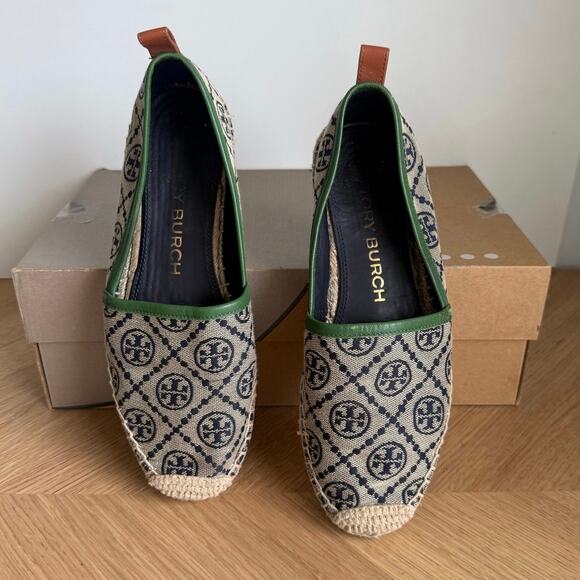 Tory Burch T Monogram Navy Blue/Green Espadrilles Women Flats - W 7.5 - Picture 1 of 13